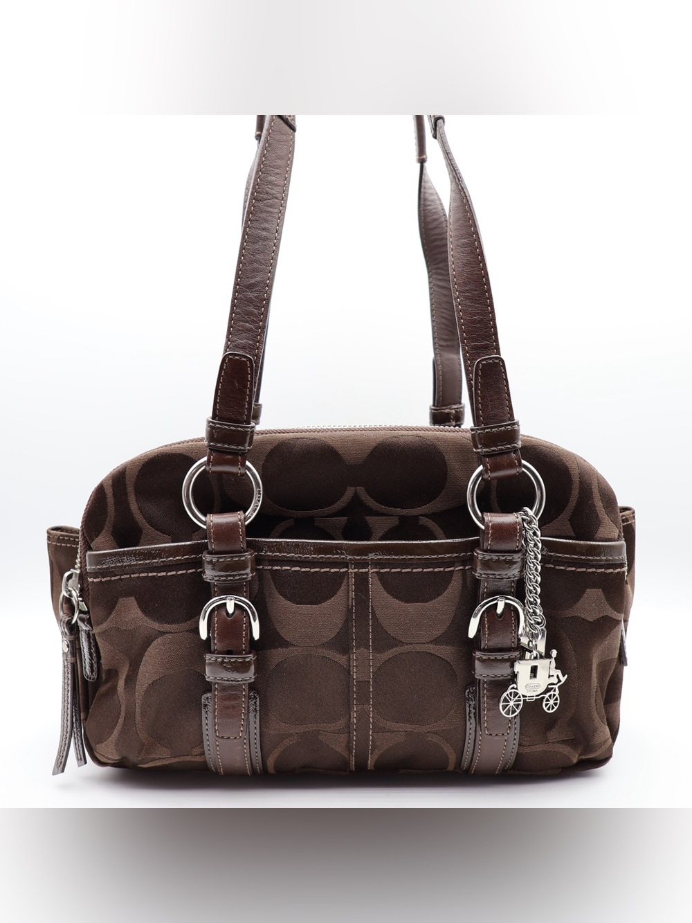 Coach Dark Brown Signature Canvas Shoulder Bag with Leather Trim